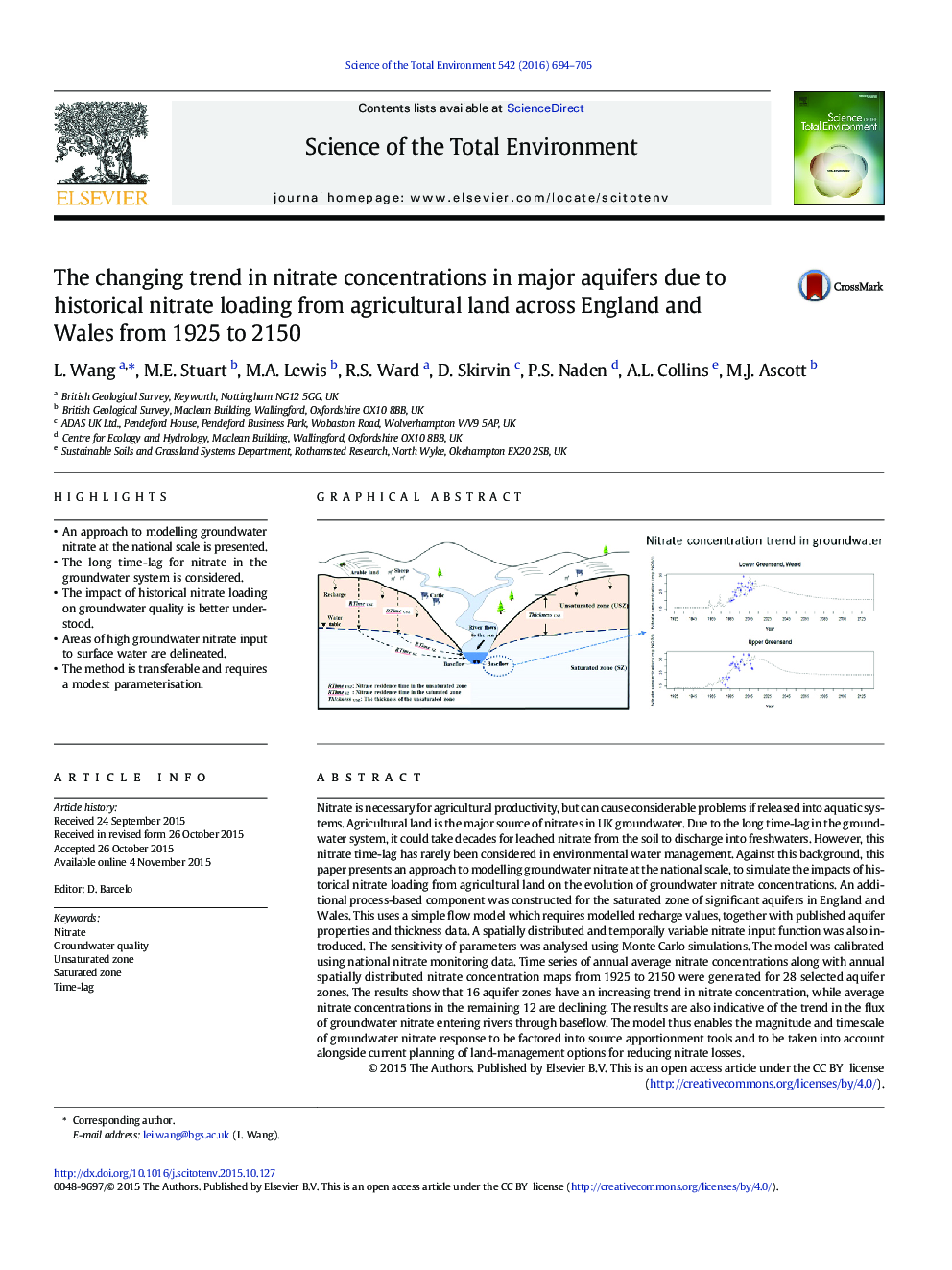 The changing trend in nitrate concentrations in major aquifers due to historical nitrate loading from agricultural land across England and Wales from 1925 to 2150