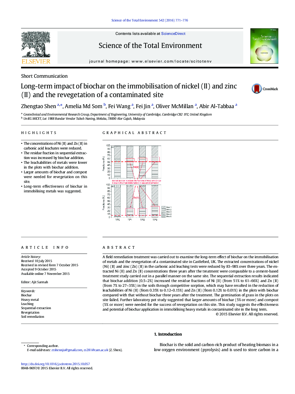 Long-term impact of biochar on the immobilisation of nickel (II) and zinc (II) and the revegetation of a contaminated site