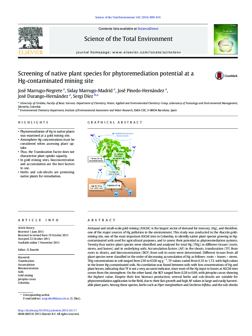 Screening of native plant species for phytoremediation potential at a Hg-contaminated mining site