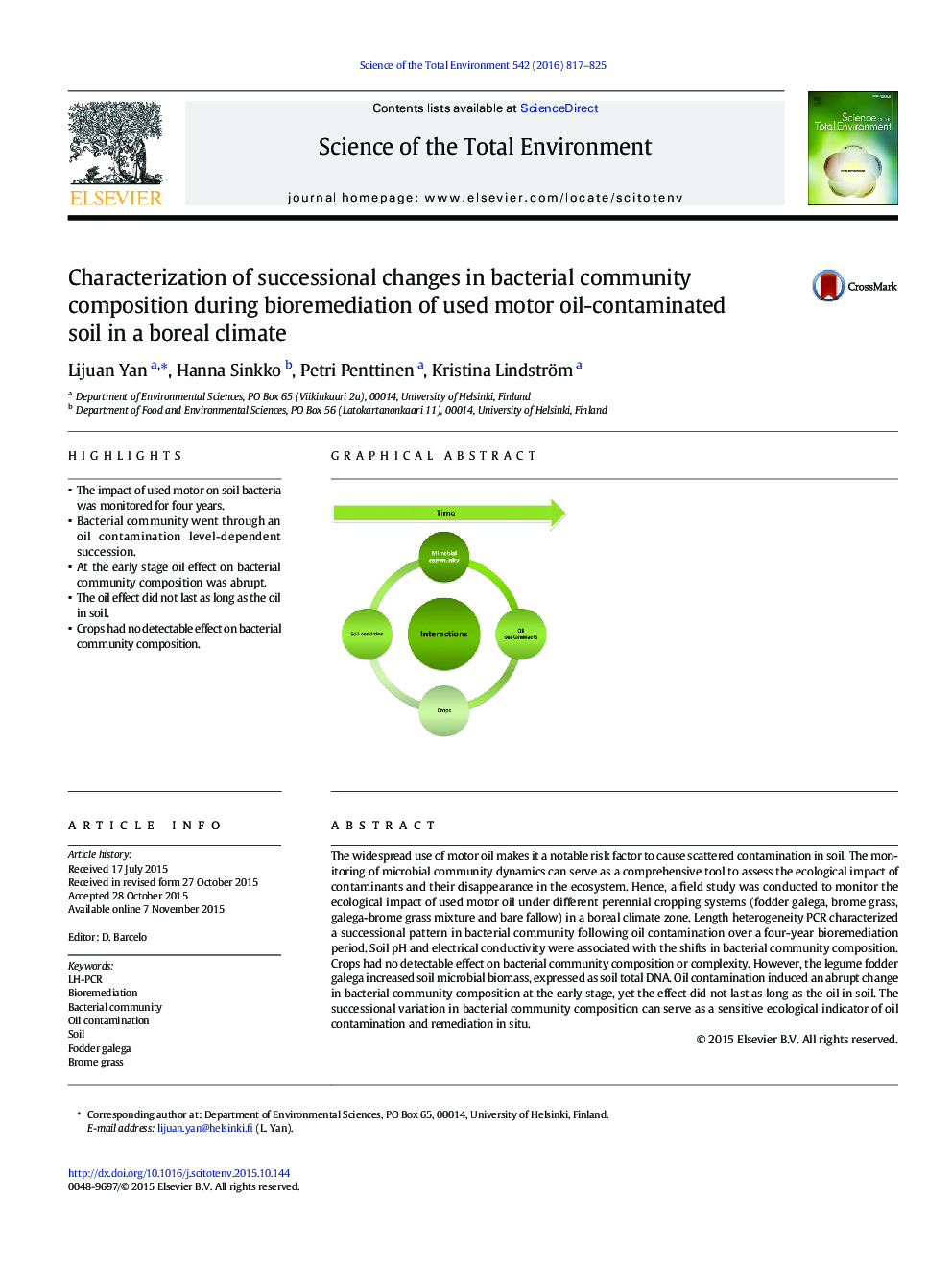 Characterization of successional changes in bacterial community composition during bioremediation of used motor oil-contaminated soil in a boreal climate