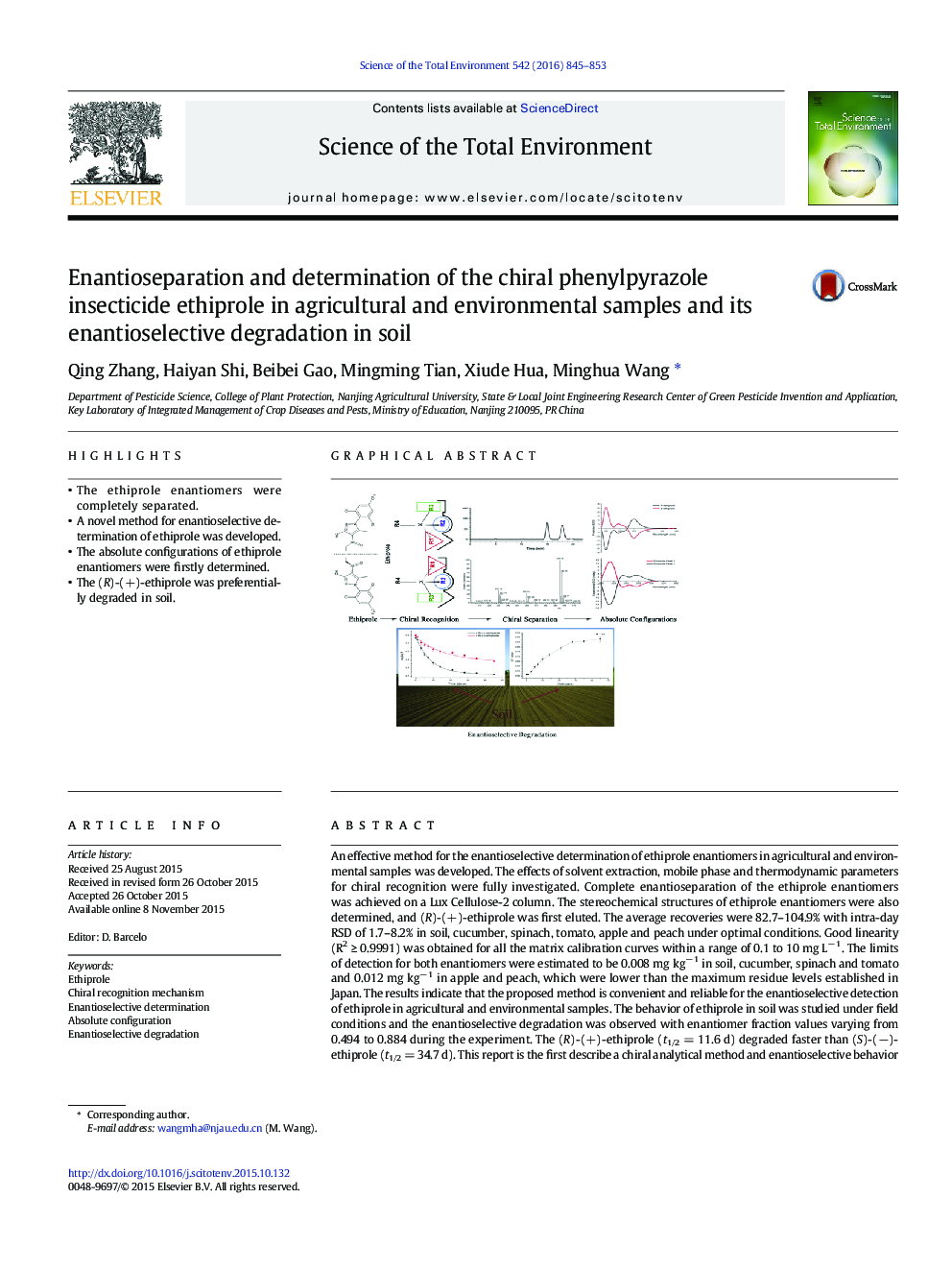 Enantioseparation and determination of the chiral phenylpyrazole insecticide ethiprole in agricultural and environmental samples and its enantioselective degradation in soil