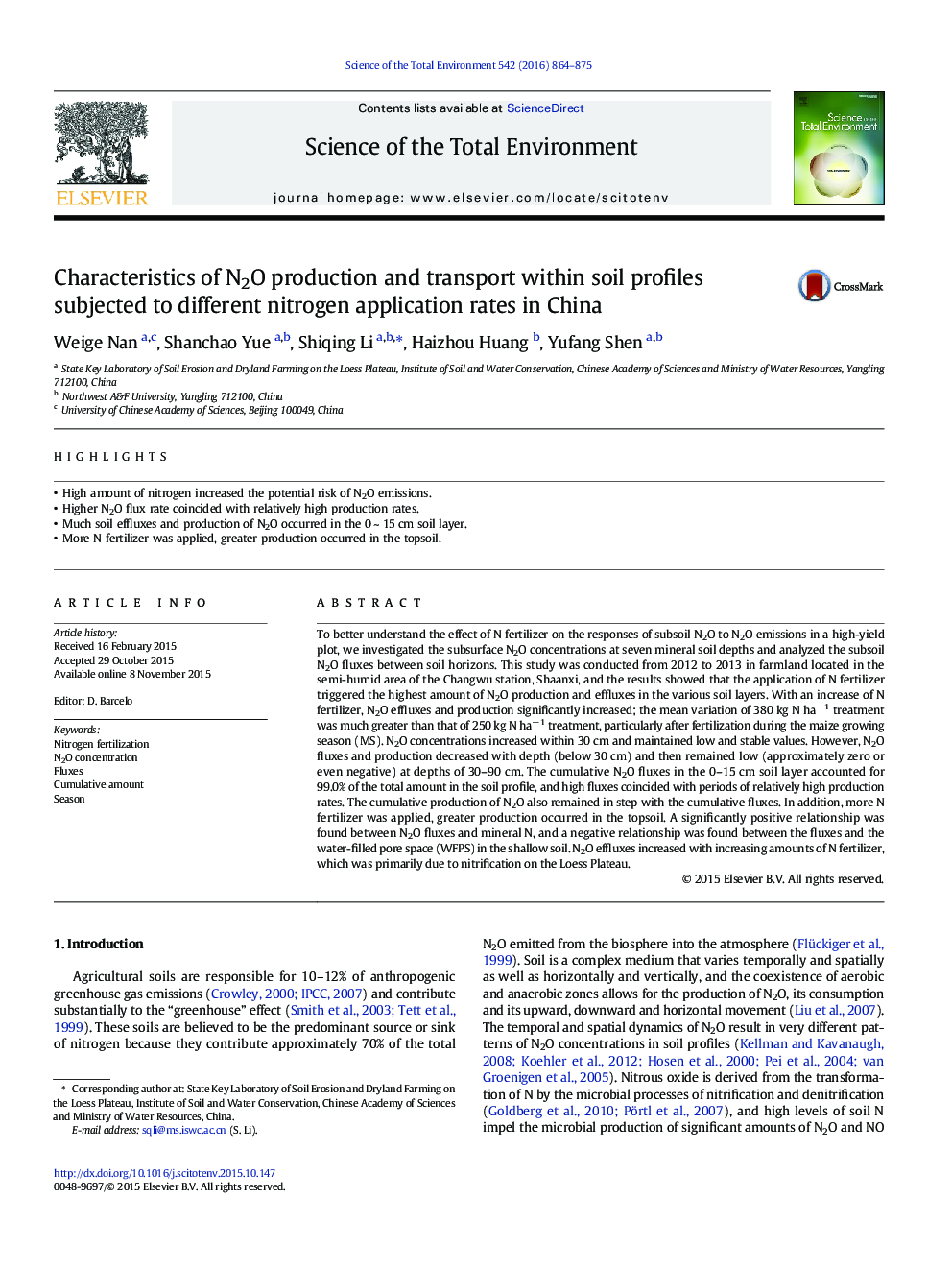 Characteristics of N2O production and transport within soil profiles subjected to different nitrogen application rates in China