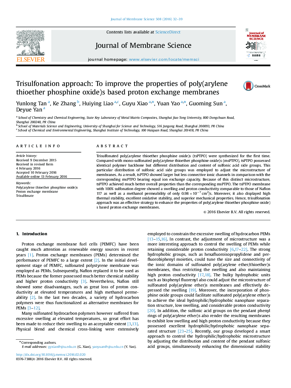 Trisulfonation approach: To improve the properties of poly(arylene thioether phosphine oxide)s based proton exchange membranes