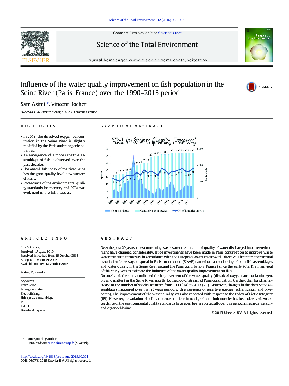 Influence of the water quality improvement on fish population in the Seine River (Paris, France) over the 1990-2013 period