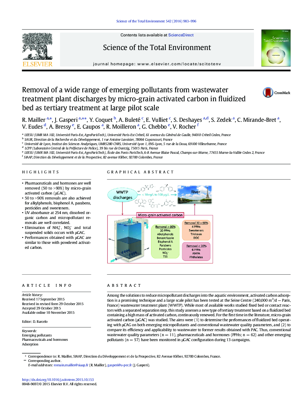 Removal of a wide range of emerging pollutants from wastewater treatment plant discharges by micro-grain activated carbon in fluidized bed as tertiary treatment at large pilot scale