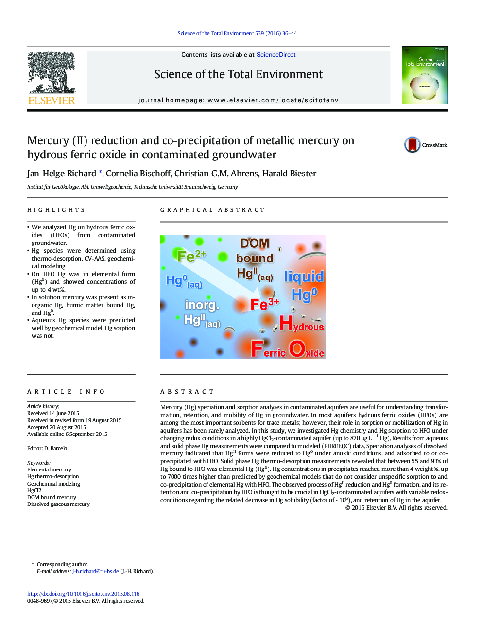 Mercury (II) reduction and co-precipitation of metallic mercury on hydrous ferric oxide in contaminated groundwater