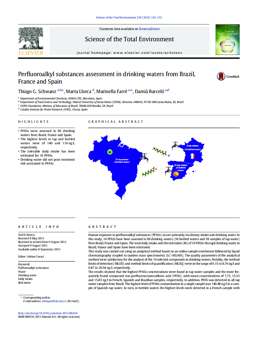 Perfluoroalkyl substances assessment in drinking waters from Brazil, France and Spain