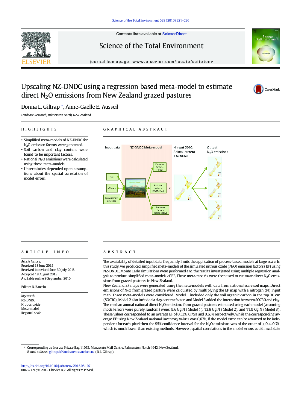 Upscaling NZ-DNDC using a regression based meta-model to estimate direct N2O emissions from New Zealand grazed pastures