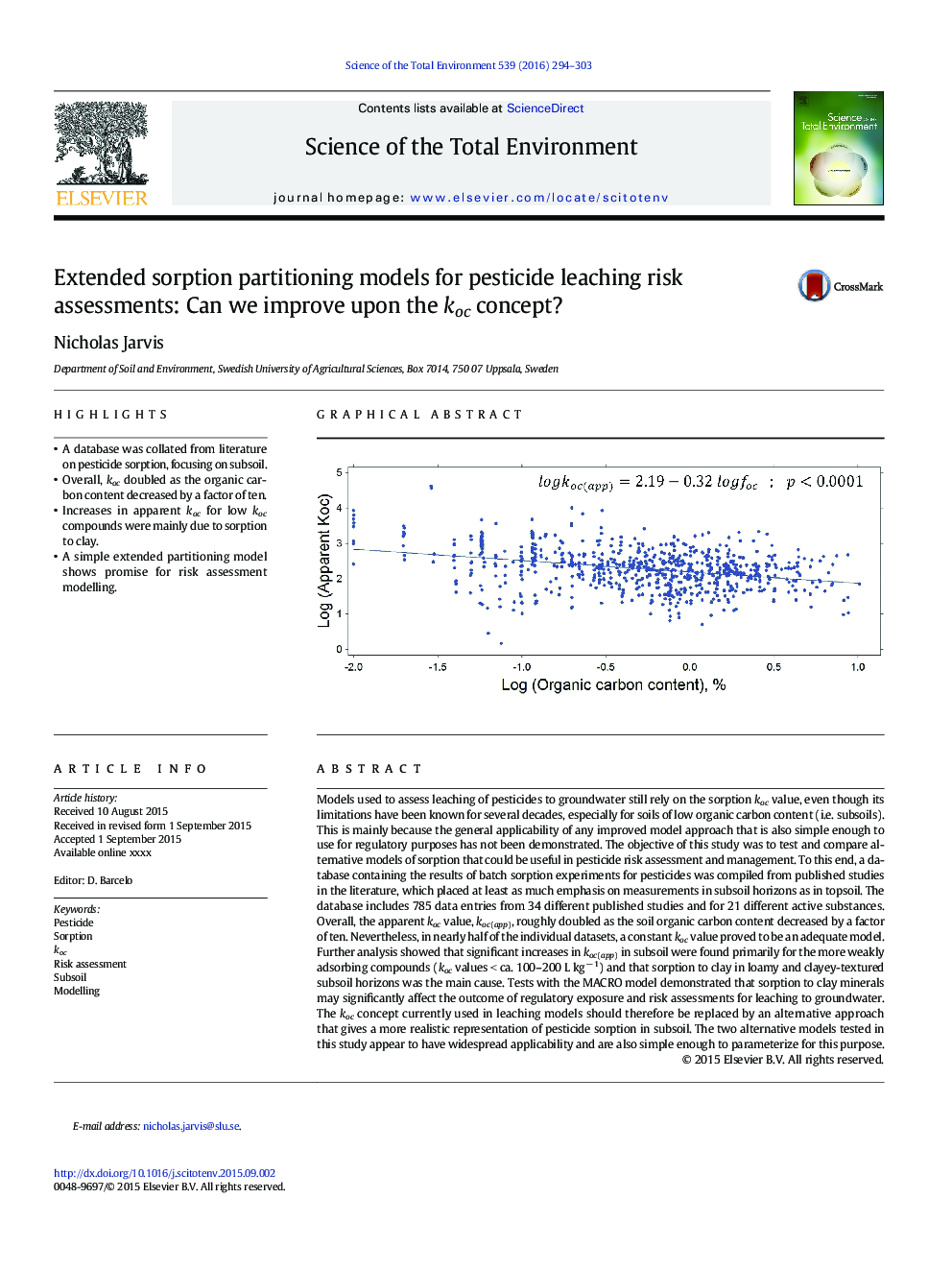 Extended sorption partitioning models for pesticide leaching risk assessments: Can we improve upon the koc concept?