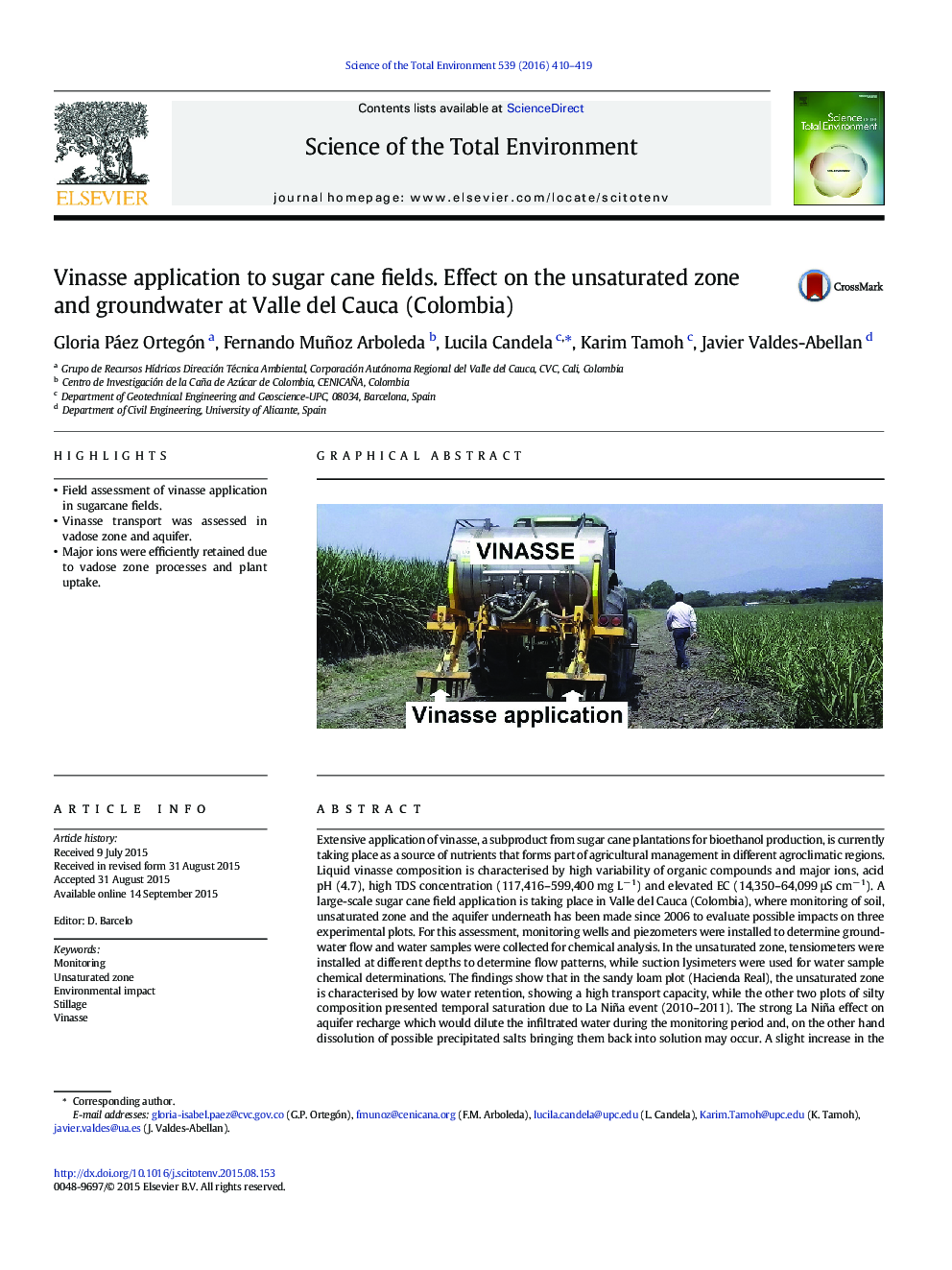 Vinasse application to sugar cane fields. Effect on the unsaturated zone and groundwater at Valle del Cauca (Colombia)
