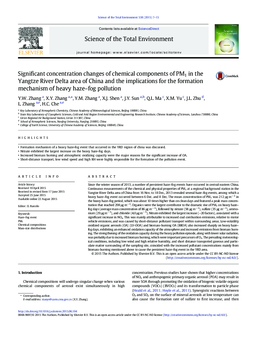 Significant concentration changes of chemical components of PM1 in the Yangtze River Delta area of China and the implications for the formation mechanism of heavy haze-fog pollution