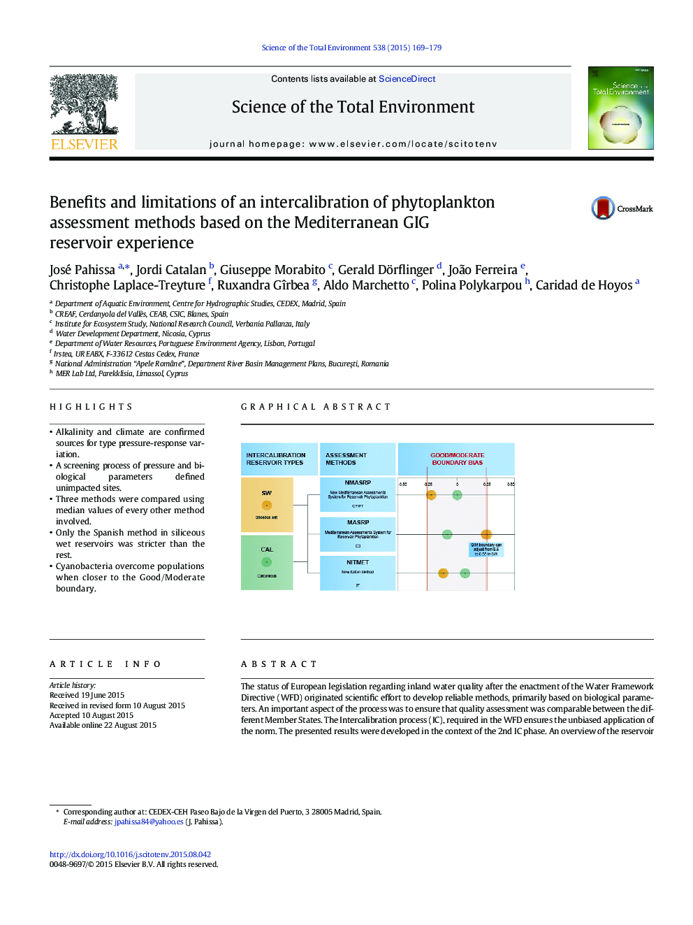 Benefits and limitations of an intercalibration of phytoplankton assessment methods based on the Mediterranean GIG reservoir experience