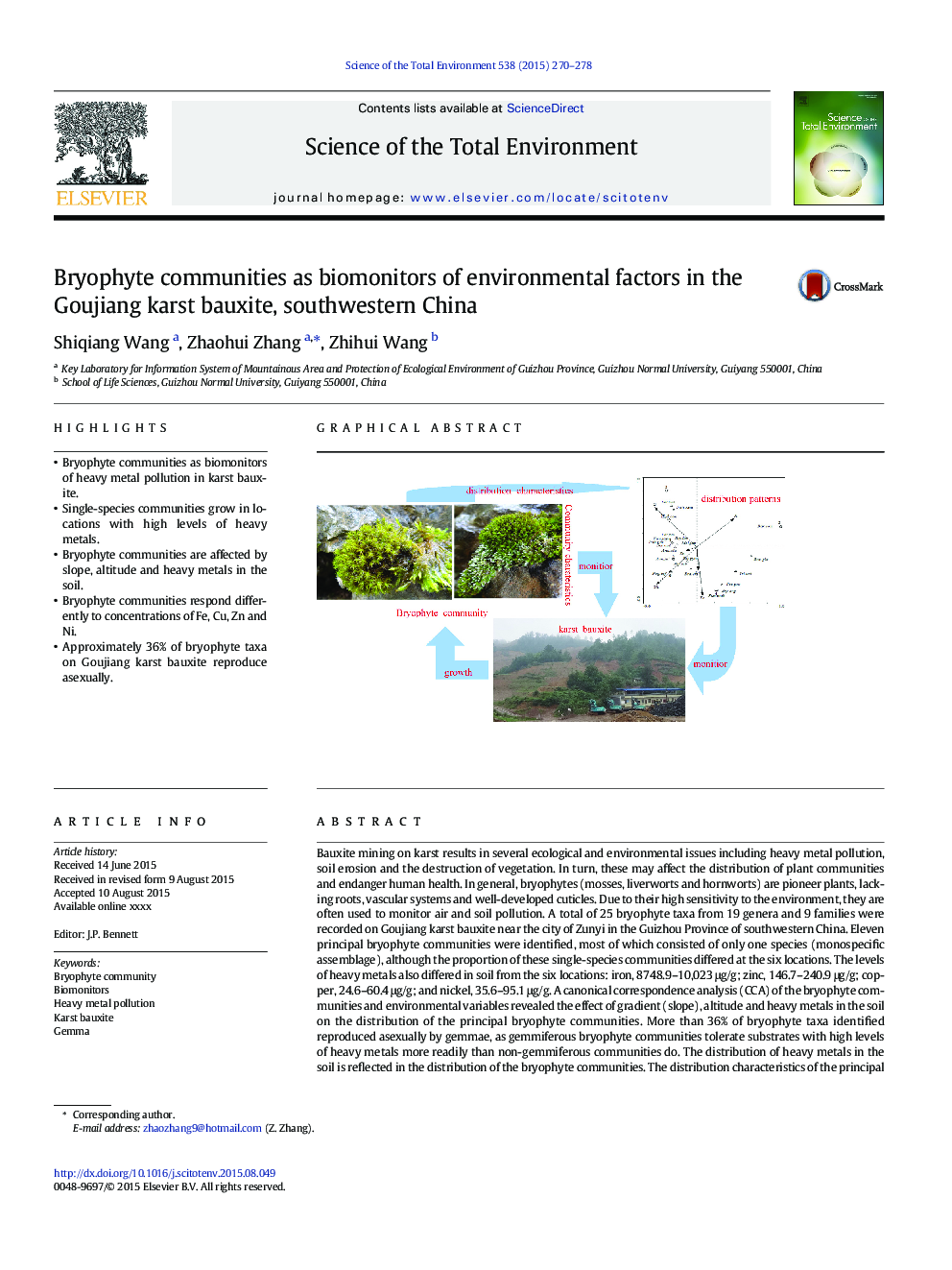 Bryophyte communities as biomonitors of environmental factors in the Goujiang karst bauxite, southwestern China