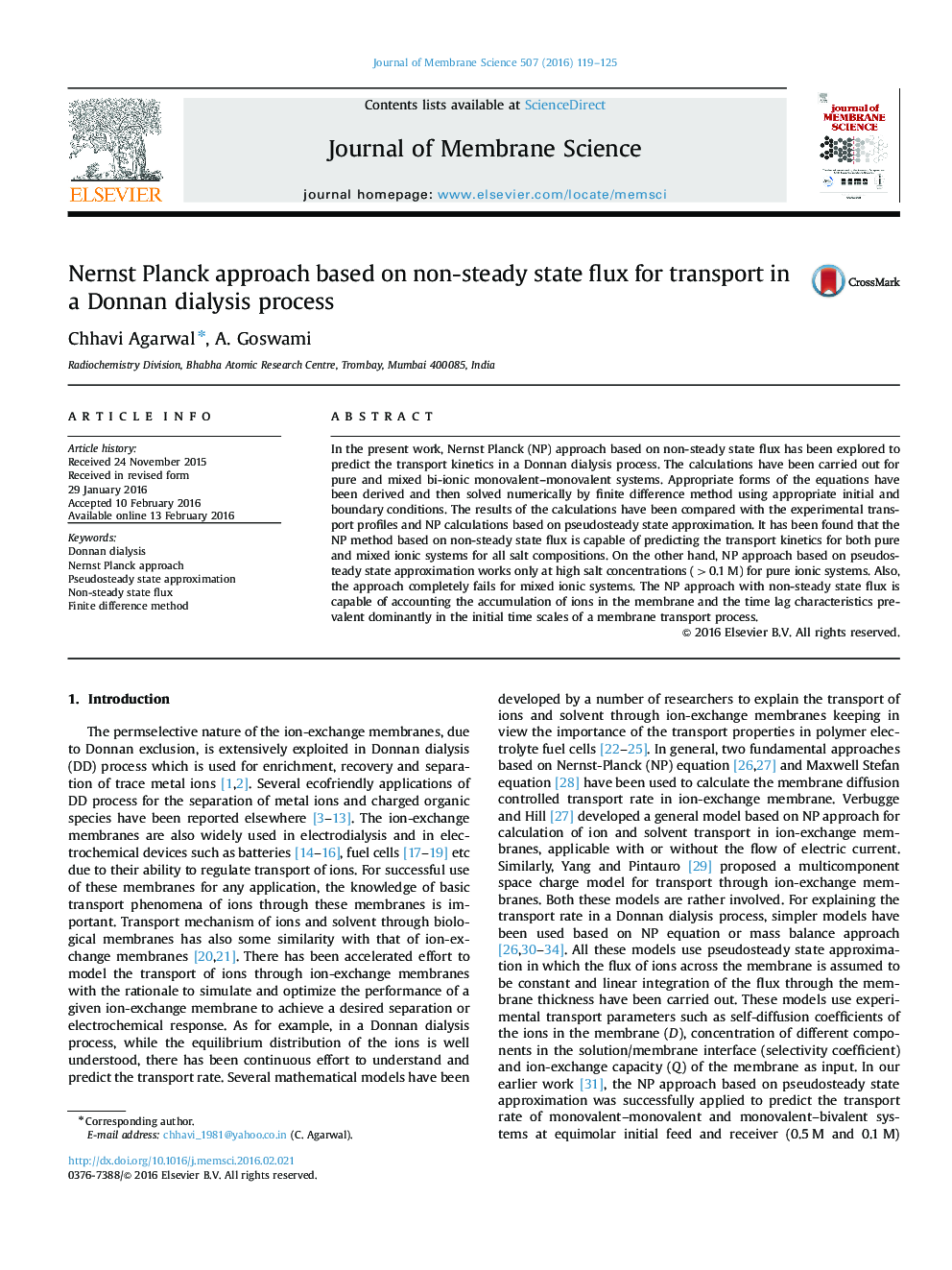 Nernst Planck approach based on non-steady state flux for transport in a Donnan dialysis process