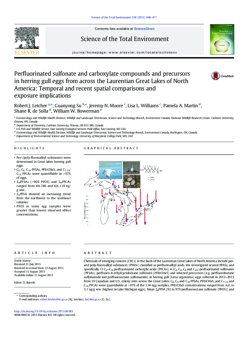 Perfluorinated sulfonate and carboxylate compounds and precursors in herring gull eggs from across the Laurentian Great Lakes of North America: Temporal and recent spatial comparisons and exposure implications