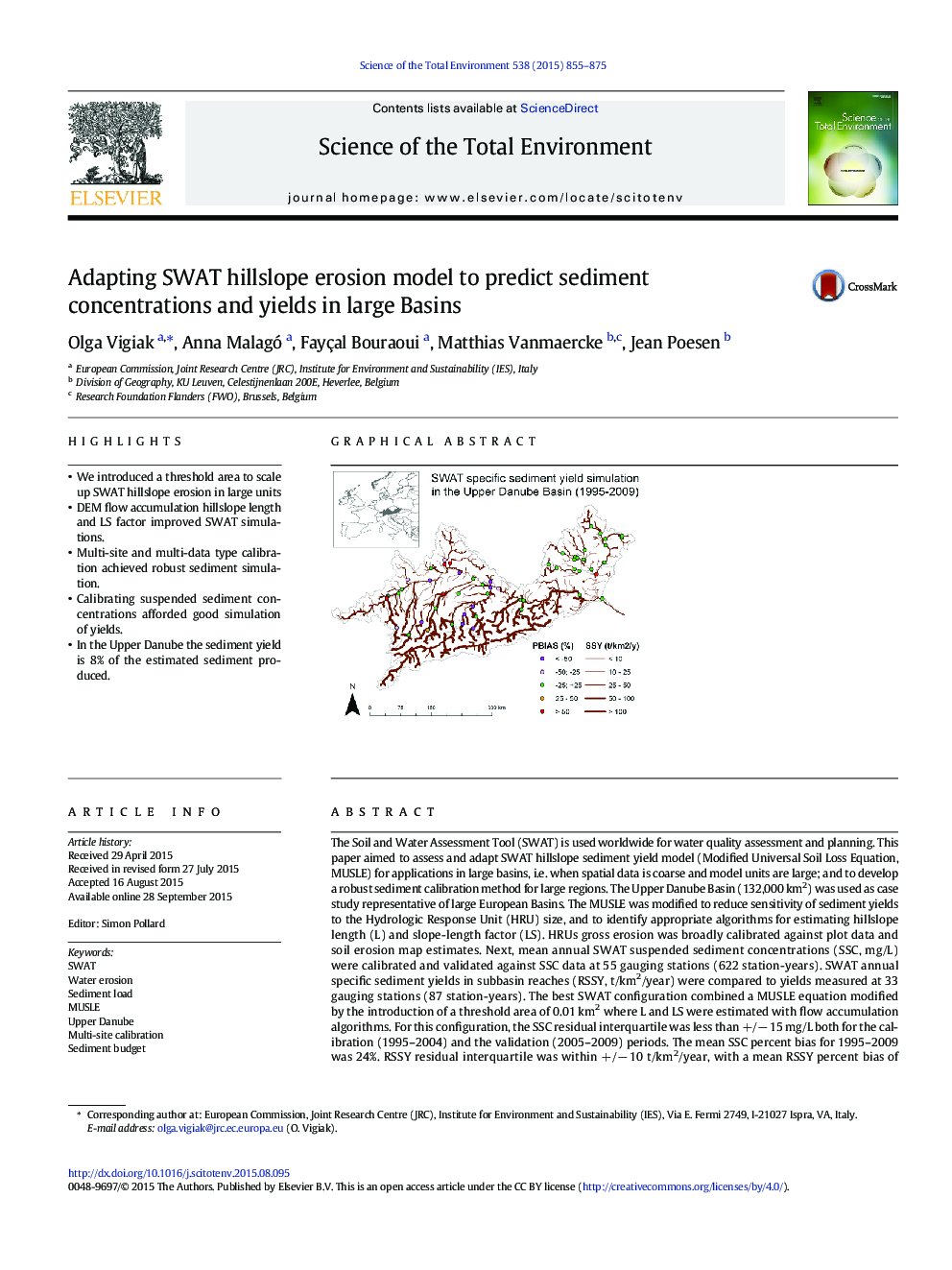 Adapting SWAT hillslope erosion model to predict sediment concentrations and yields in large Basins