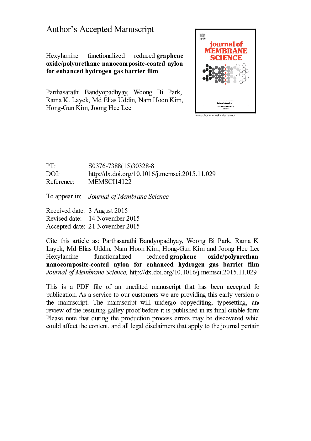 Hexylamine functionalized reduced graphene oxide/polyurethane nanocomposite-coated nylon for enhanced hydrogen gas barrier film