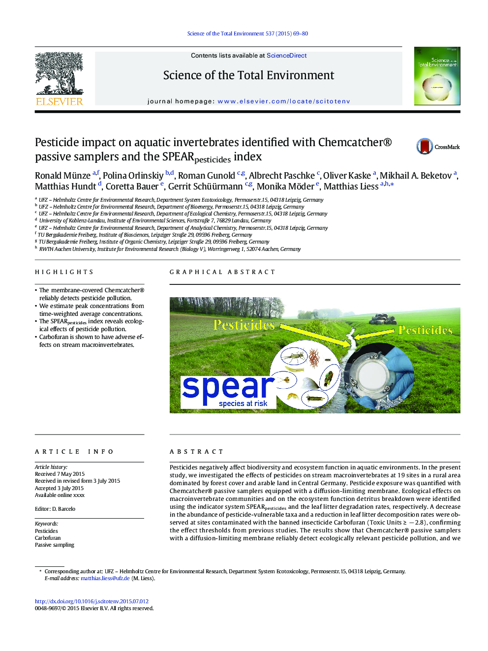 Pesticide impact on aquatic invertebrates identified with Chemcatcher® passive samplers and the SPEARpesticides index