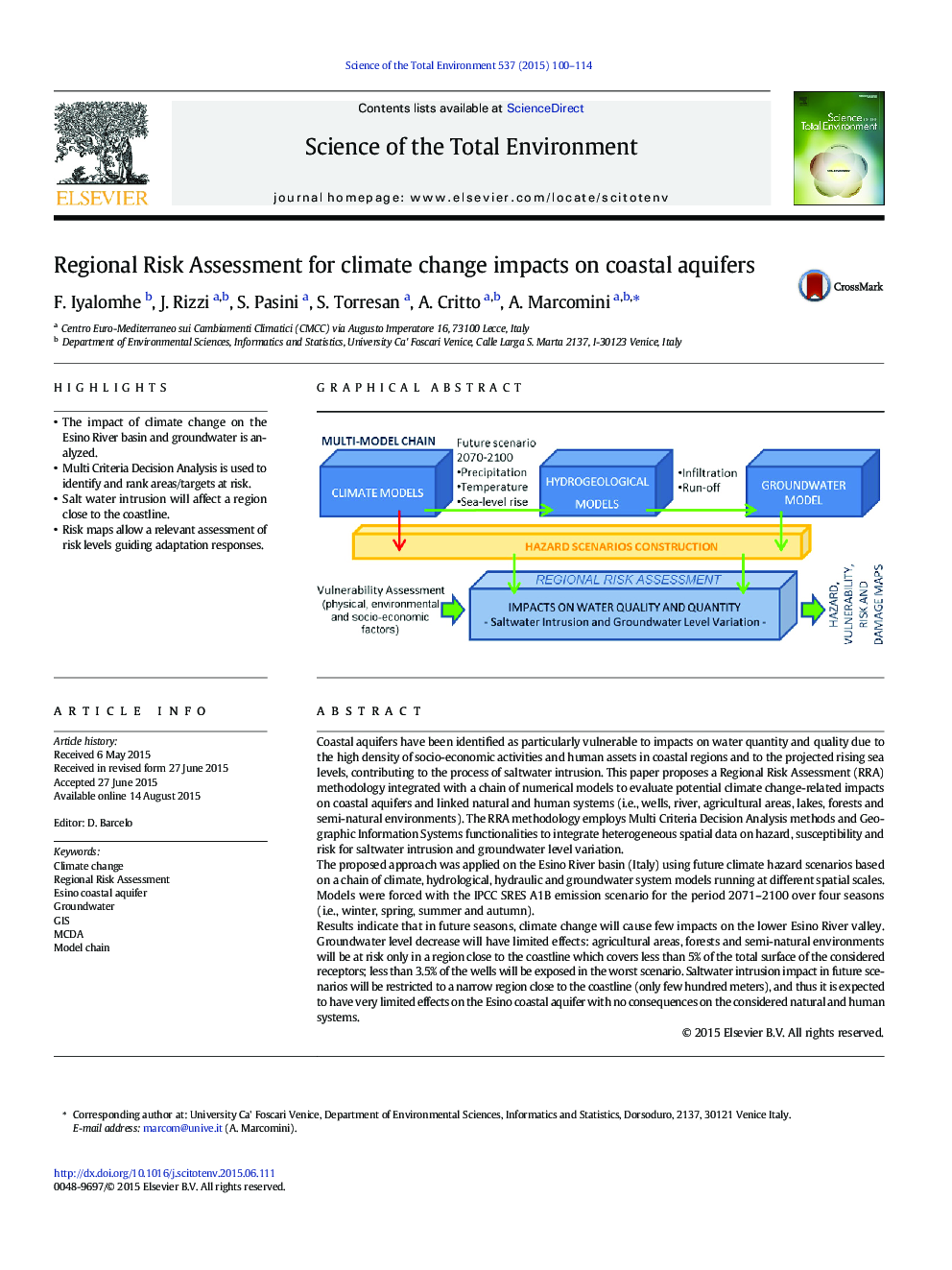 Regional Risk Assessment for climate change impacts on coastal aquifers