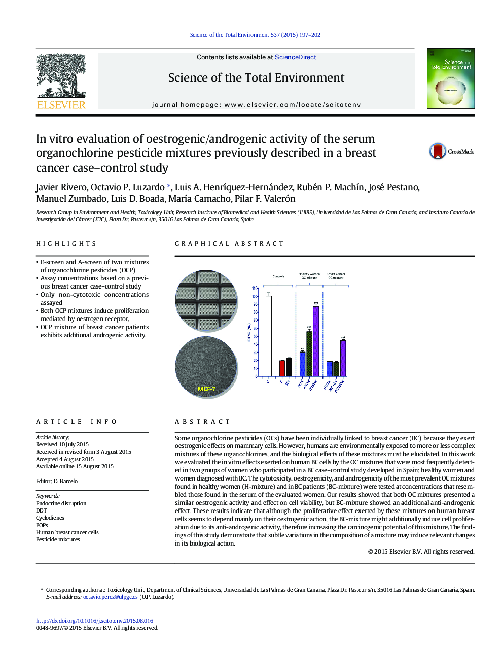 In vitro evaluation of oestrogenic/androgenic activity of the serum organochlorine pesticide mixtures previously described in a breast cancer case-control study