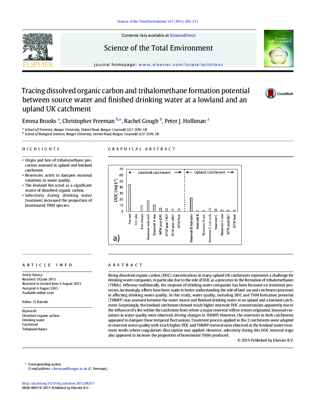 Tracing dissolved organic carbon and trihalomethane formation potential between source water and finished drinking water at a lowland and an upland UK catchment