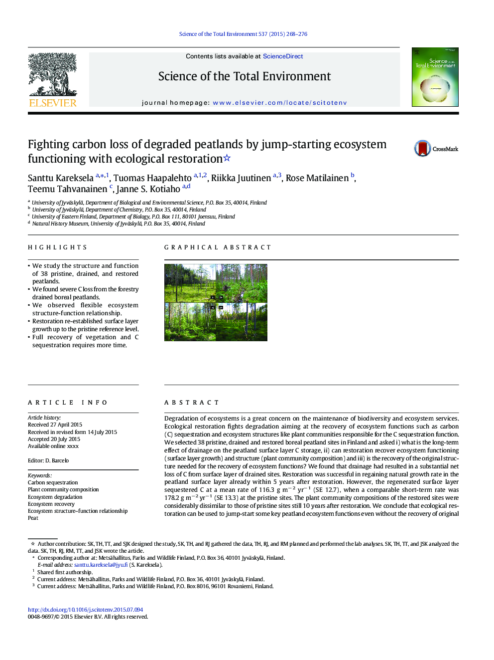 Fighting carbon loss of degraded peatlands by jump-starting ecosystem functioning with ecological restoration