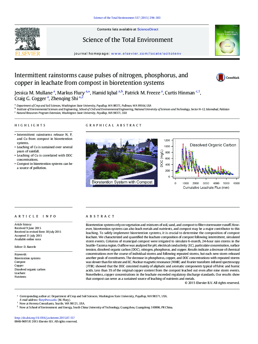 Intermittent rainstorms cause pulses of nitrogen, phosphorus, and copper in leachate from compost in bioretention systems