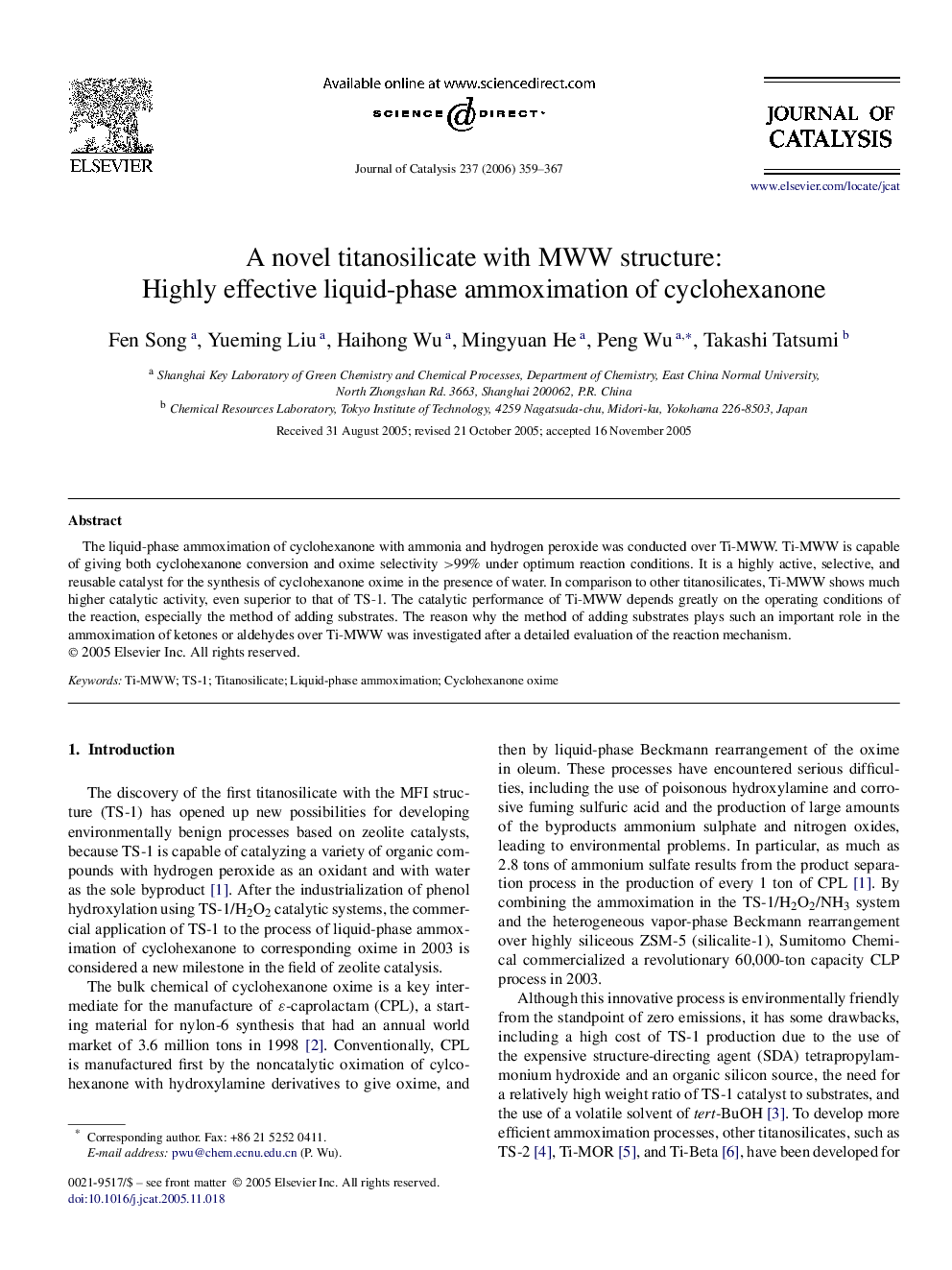 A novel titanosilicate with MWW structure: Highly effective liquid-phase ammoximation of cyclohexanone