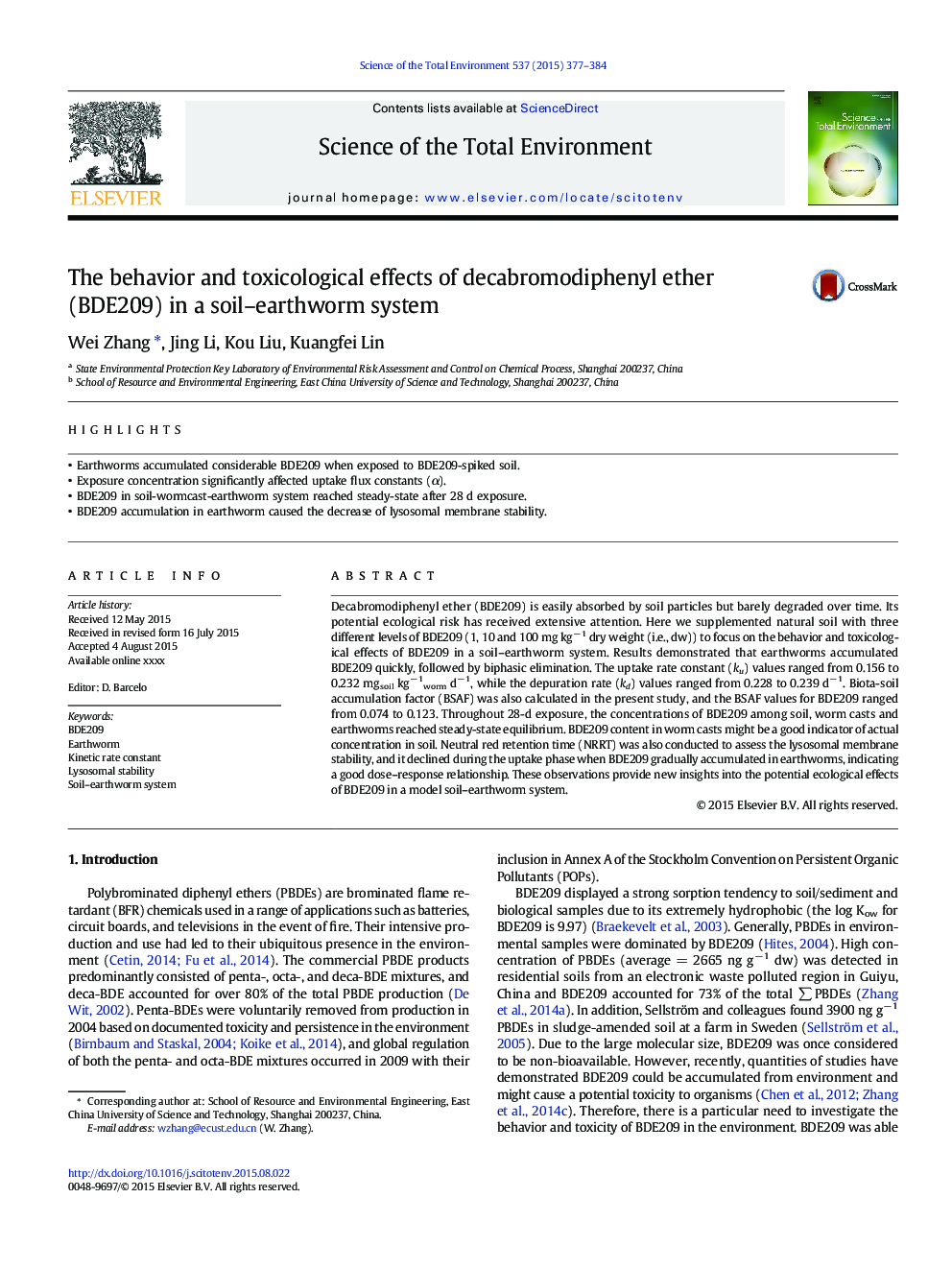 The behavior and toxicological effects of decabromodiphenyl ether (BDE209) in a soil-earthworm system