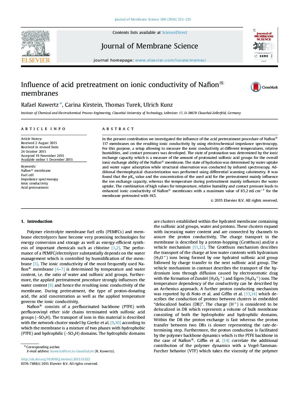 Influence of acid pretreatment on ionic conductivity of Nafion® membranes