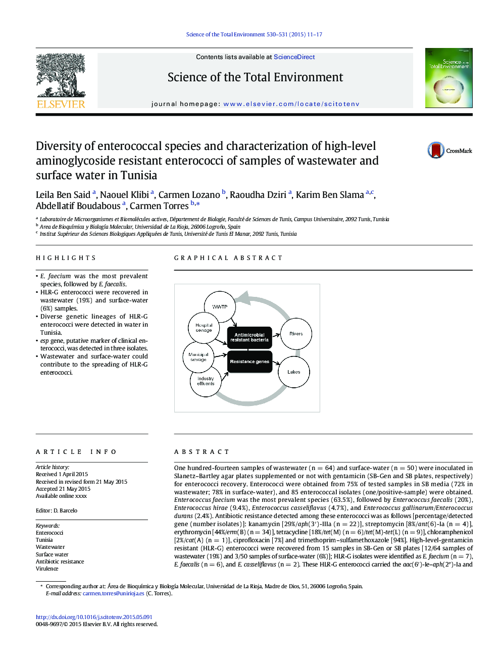 Diversity of enterococcal species and characterization of high-level aminoglycoside resistant enterococci of samples of wastewater and surface water in Tunisia