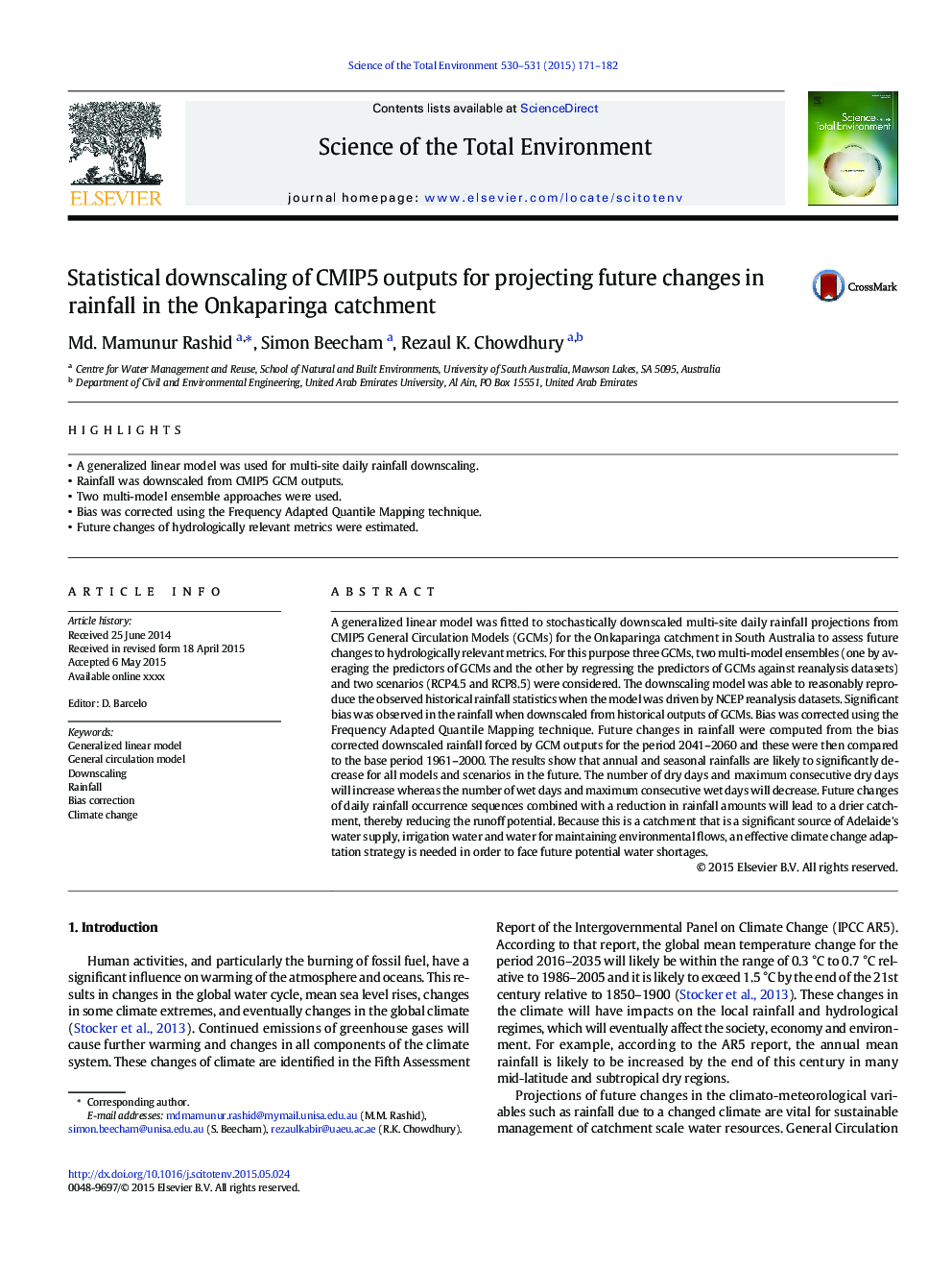 Statistical downscaling of CMIP5 outputs for projecting future changes in rainfall in the Onkaparinga catchment