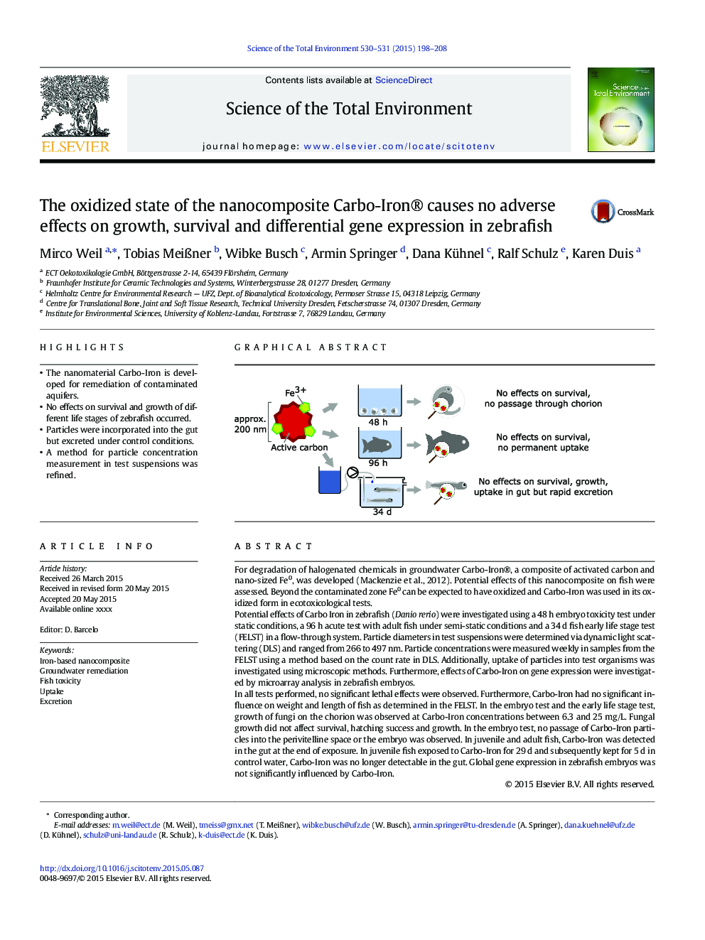 The oxidized state of the nanocomposite Carbo-Iron® causes no adverse effects on growth, survival and differential gene expression in zebrafish