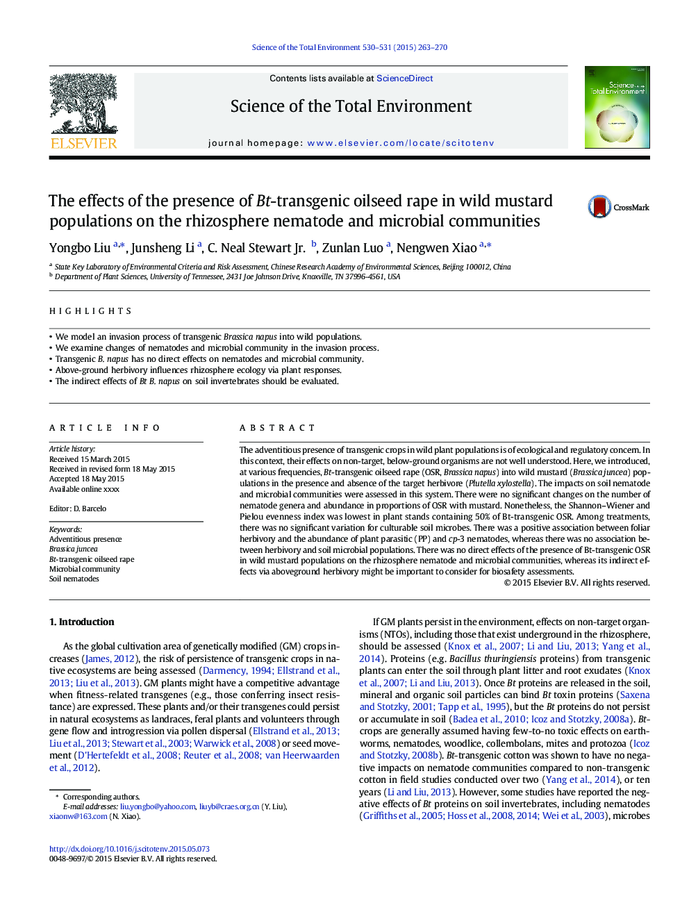 The effects of the presence of Bt-transgenic oilseed rape in wild mustard populations on the rhizosphere nematode and microbial communities