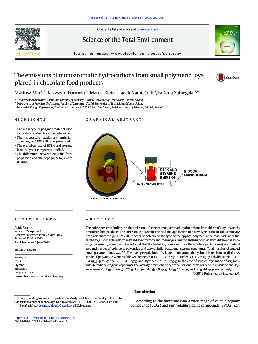 The emissions of monoaromatic hydrocarbons from small polymeric toys placed in chocolate food products