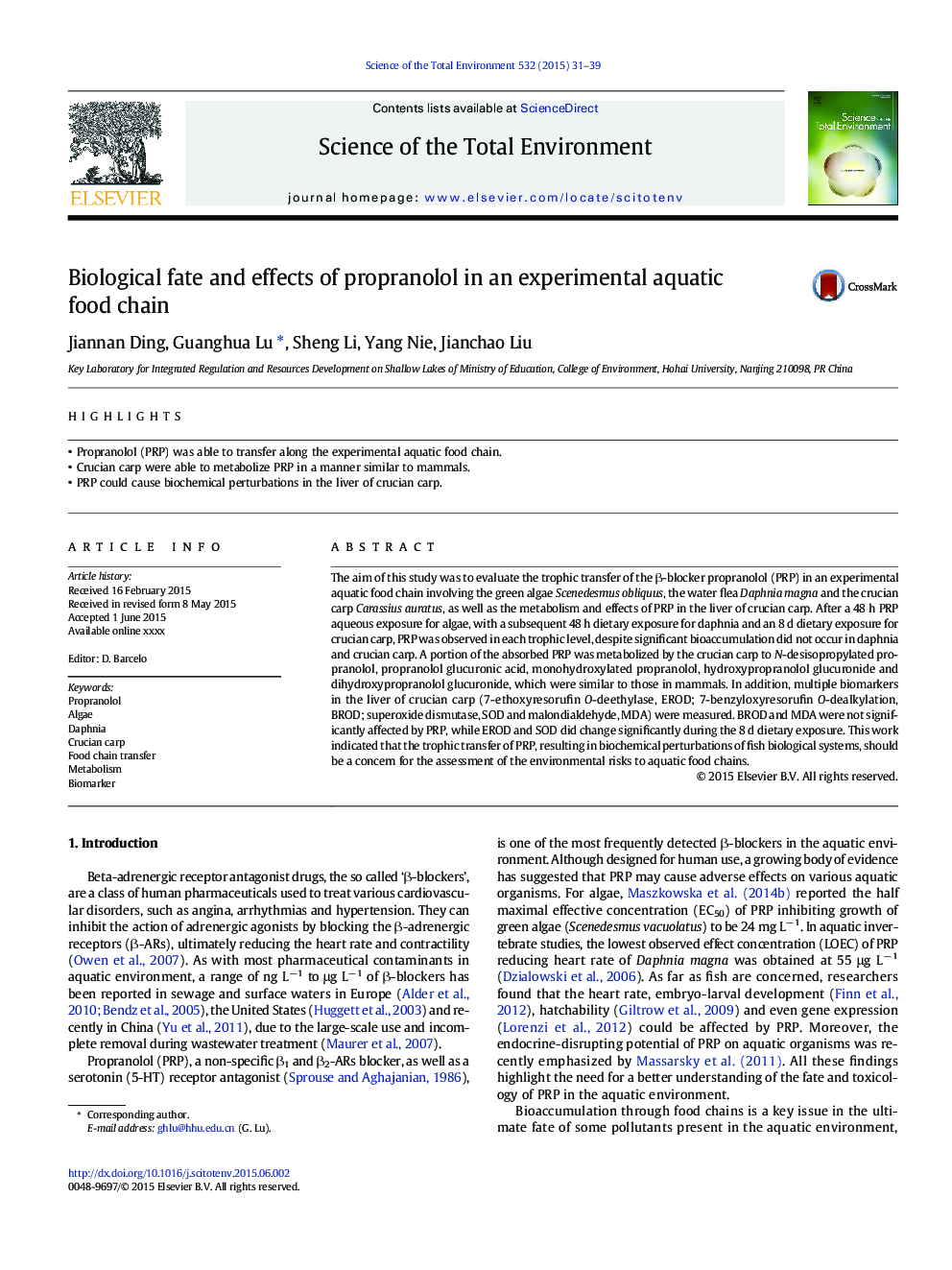 سرنوشت بیولوژیکی و اثرات پروپرانولول در یک زنجیره غذایی آزمایشی آبزی 