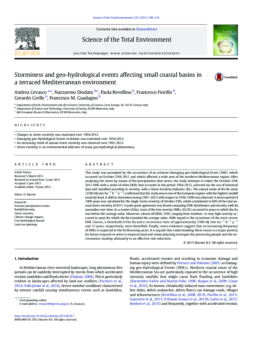 Storminess and geo-hydrological events affecting small coastal basins in a terraced Mediterranean environment