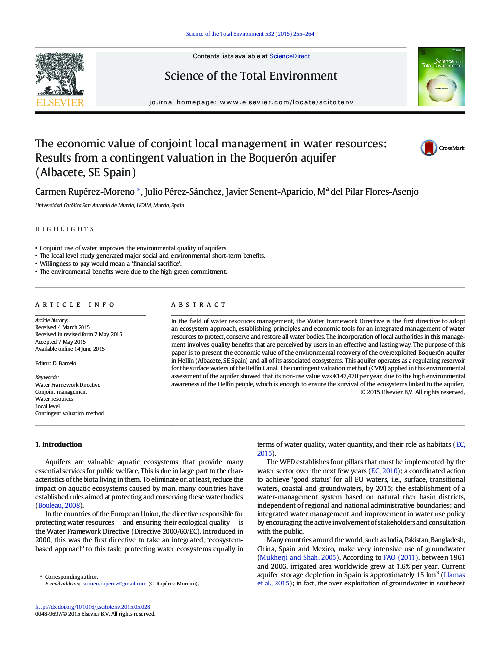 The economic value of conjoint local management in water resources: Results from a contingent valuation in the Boquerón aquifer (Albacete, SE Spain)