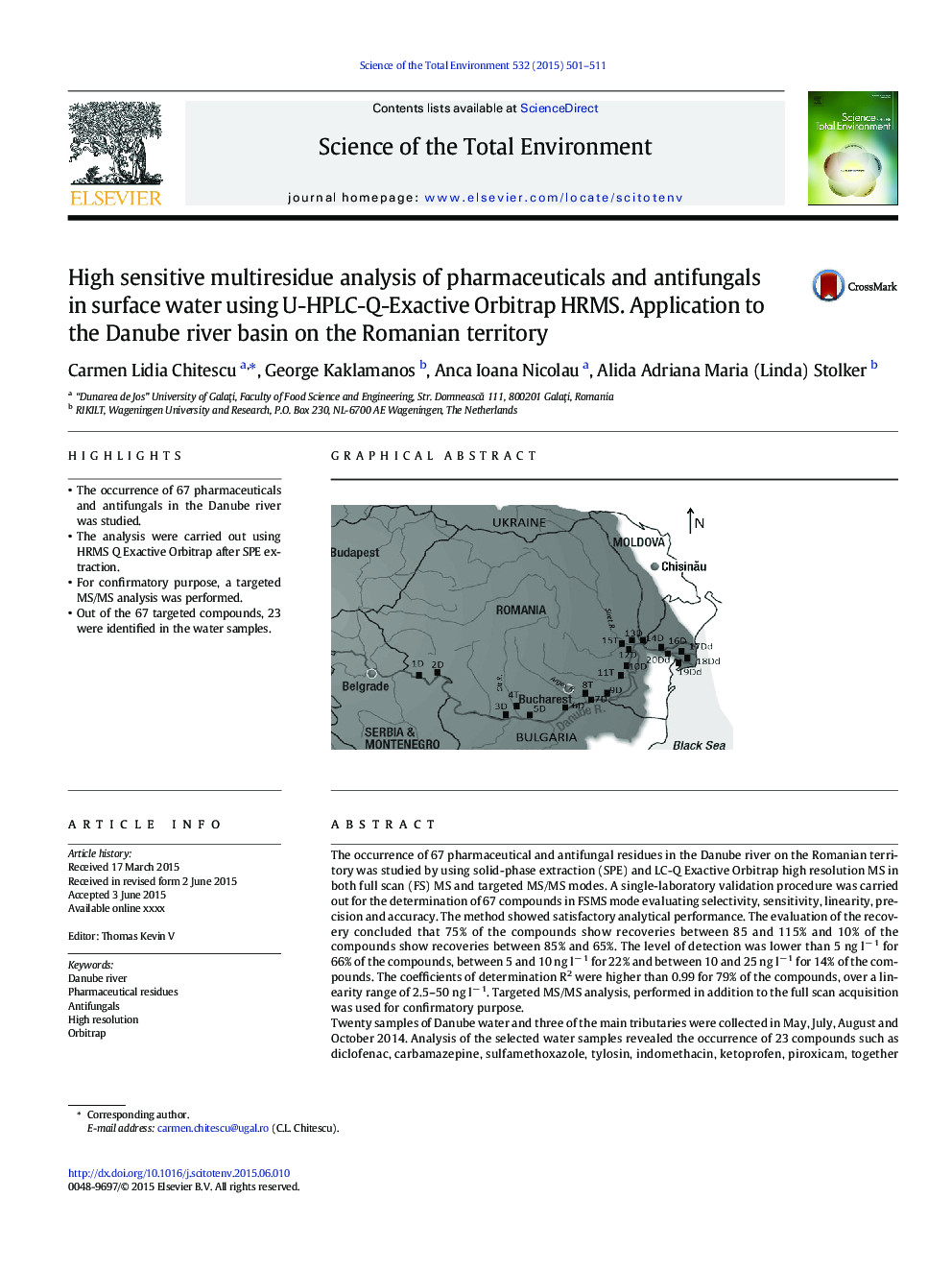 High sensitive multiresidue analysis of pharmaceuticals and antifungals in surface water using U-HPLC-Q-Exactive Orbitrap HRMS. Application to the Danube river basin on the Romanian territory