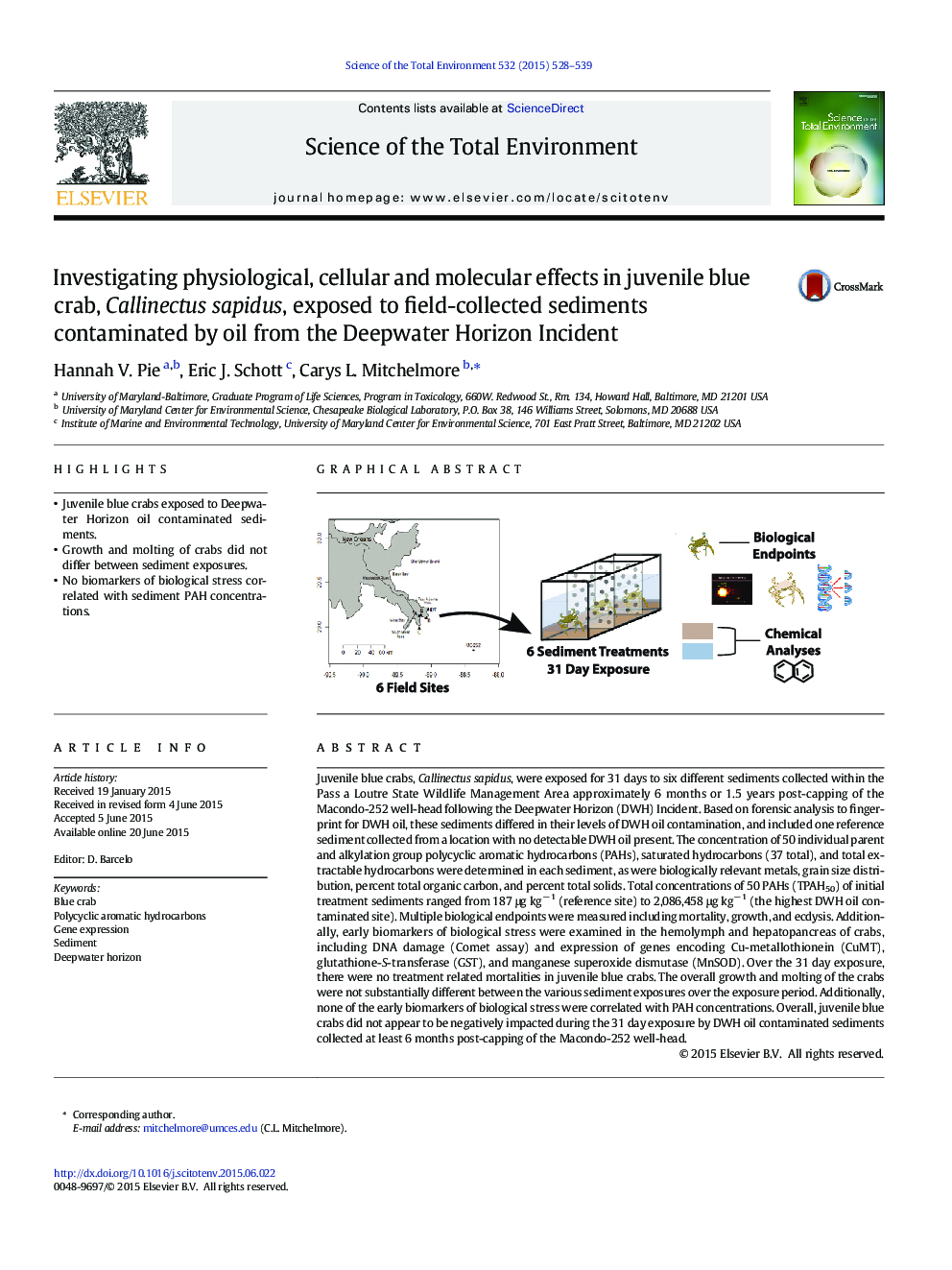 Investigating physiological, cellular and molecular effects in juvenile blue crab, Callinectus sapidus, exposed to field-collected sediments contaminated by oil from the Deepwater Horizon Incident