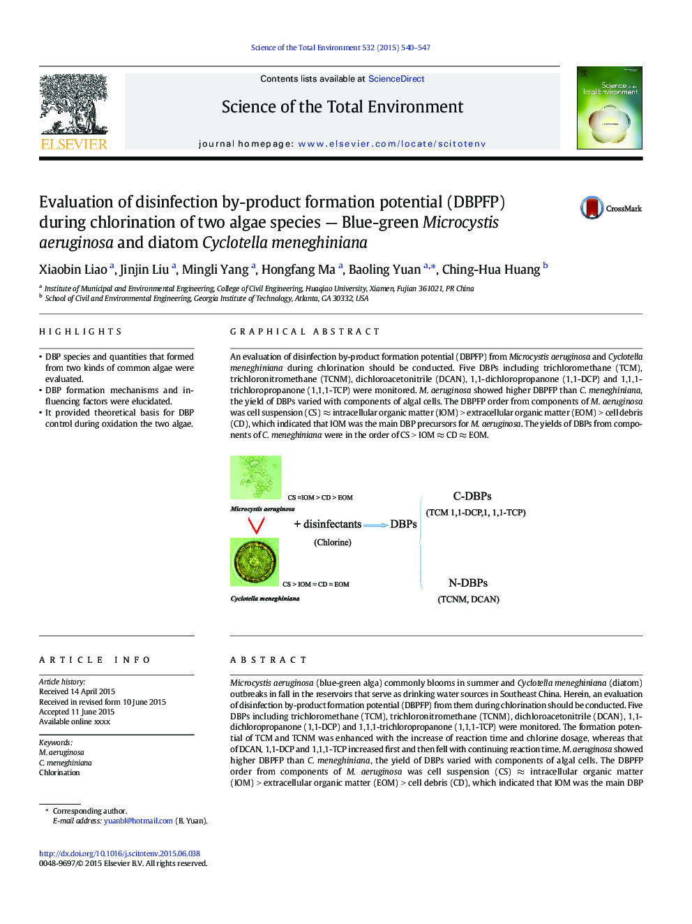 Evaluation of disinfection by-product formation potential (DBPFP) during chlorination of two algae species - Blue-green Microcystis aeruginosa and diatom Cyclotella meneghiniana