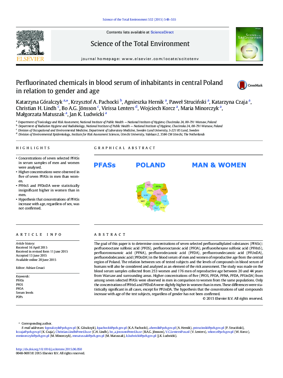 Perfluorinated chemicals in blood serum of inhabitants in central Poland in relation to gender and age