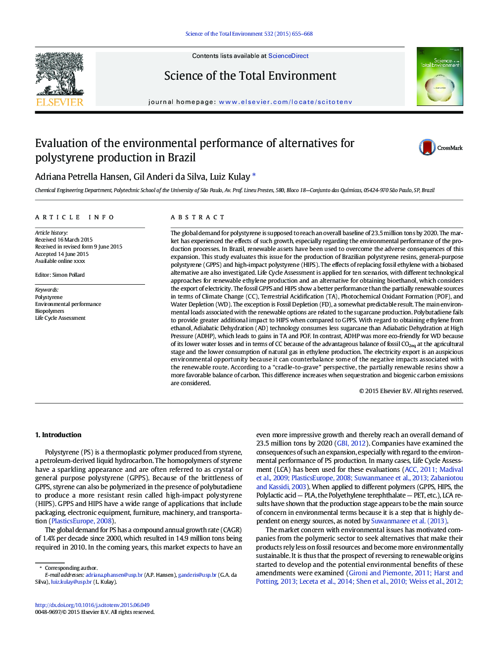 Evaluation of the environmental performance of alternatives for polystyrene production in Brazil