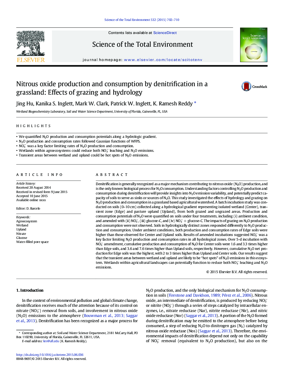 Nitrous oxide production and consumption by denitrification in a grassland: Effects of grazing and hydrology