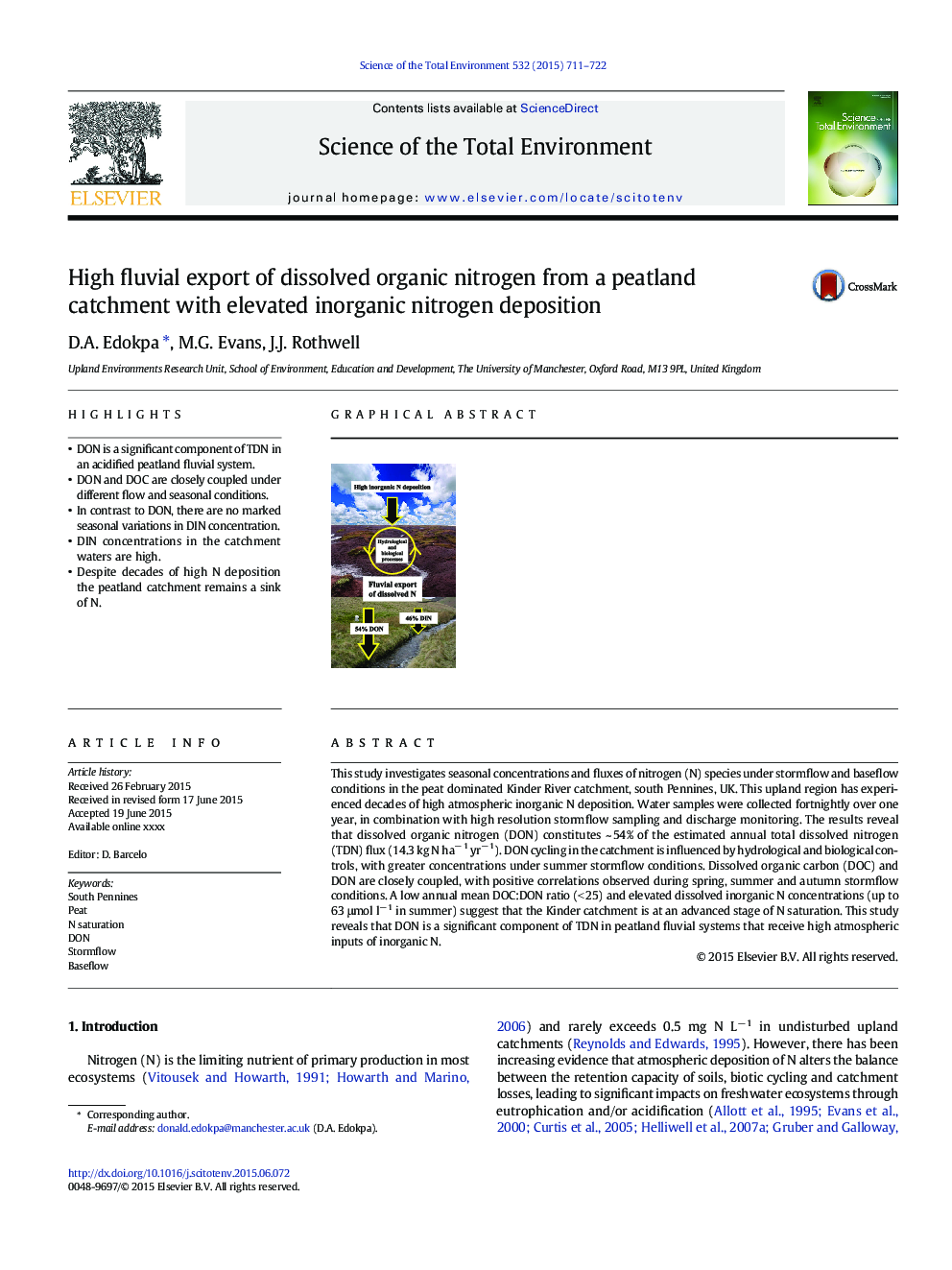 High fluvial export of dissolved organic nitrogen from a peatland catchment with elevated inorganic nitrogen deposition