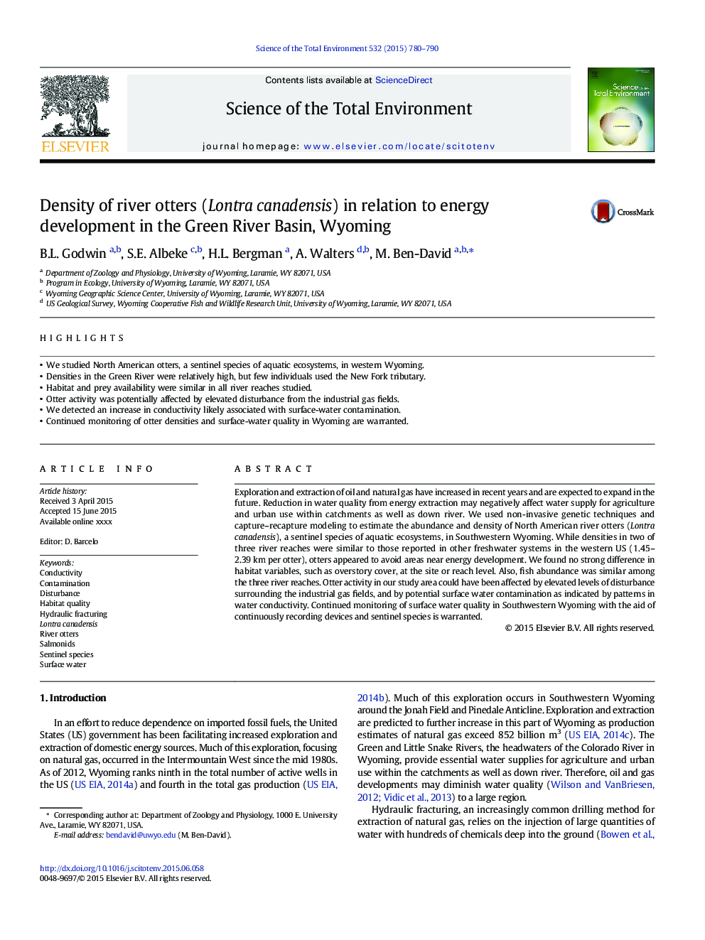 Density of river otters (Lontra canadensis) in relation to energy development in the Green River Basin, Wyoming