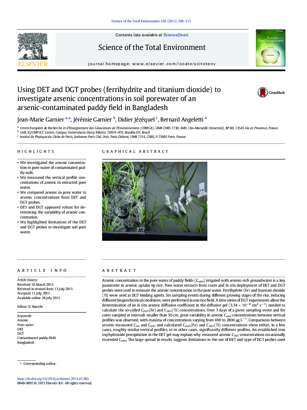 Using DET and DGT probes (ferrihydrite and titanium dioxide) to investigate arsenic concentrations in soil porewater of an arsenic-contaminated paddy field in Bangladesh