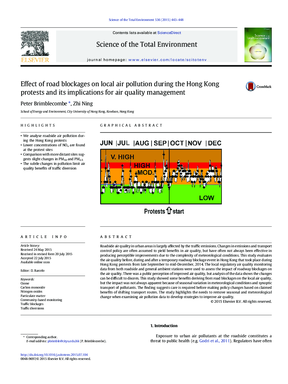 Effect of road blockages on local air pollution during the Hong Kong protests and its implications for air quality management