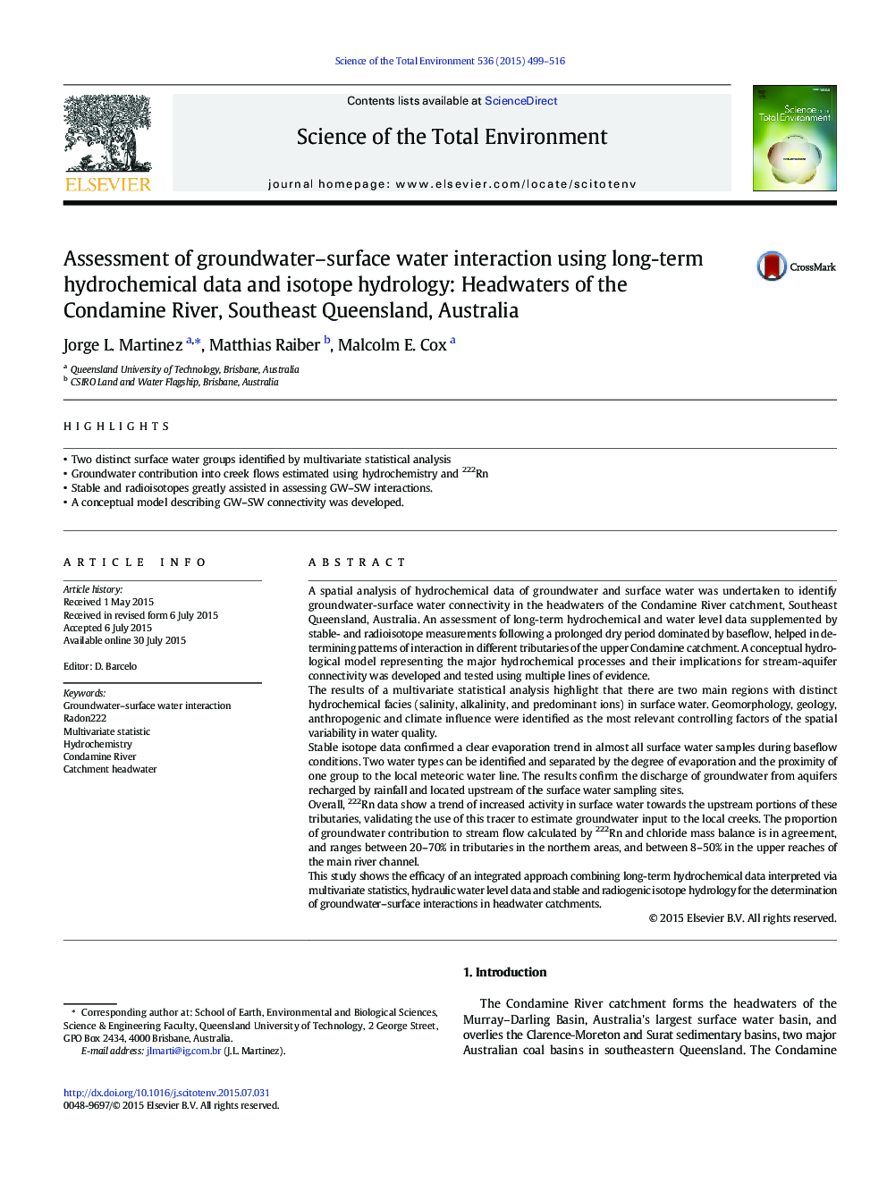 Assessment of groundwater-surface water interaction using long-term hydrochemical data and isotope hydrology: Headwaters of the Condamine River, Southeast Queensland, Australia