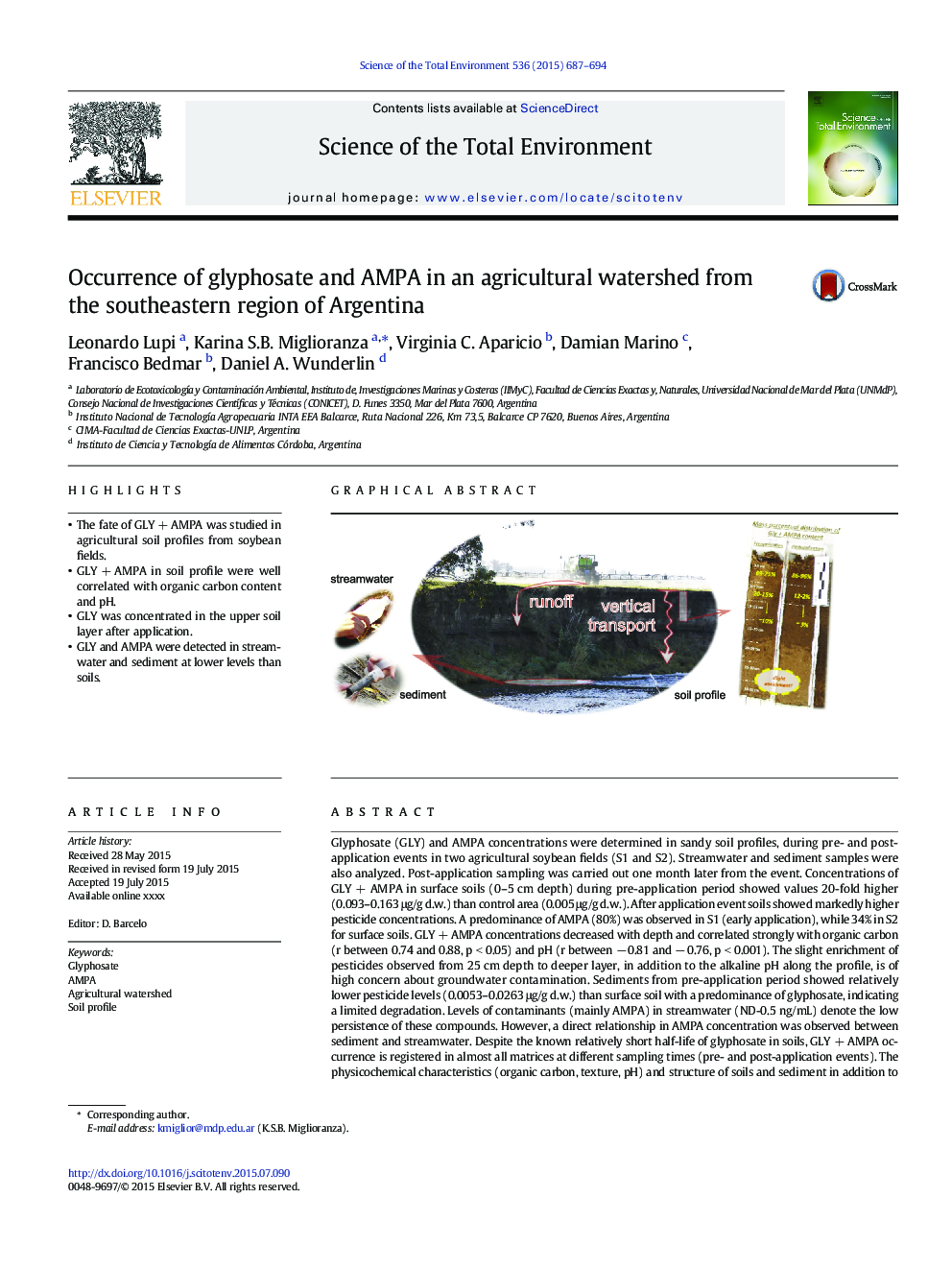 Occurrence of glyphosate and AMPA in an agricultural watershed from the southeastern region of Argentina